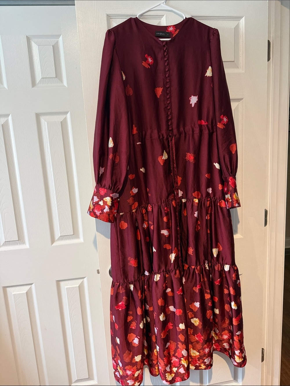 Women's Burgundy Floral Tiered Maxi Dress with Waist Tie